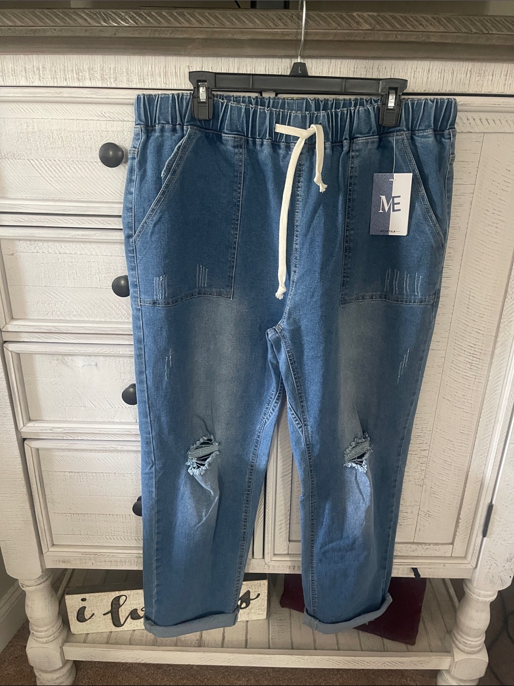 ME Makeover Essentials Blue Distressed Drawstring Women's Jeans